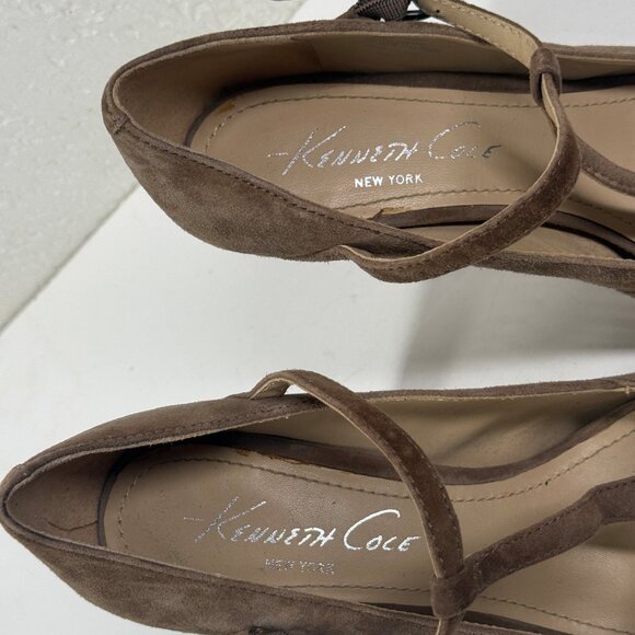 Kenneth Cole Platform Heels T-Strap Taupe Suede Peep Toe Heel Size 8.5 - Picture 4 of 14
